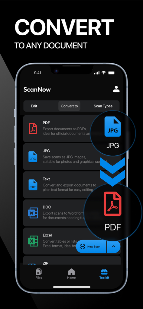 Interface of ScanNow app displaying options to convert files to PDF, JPG, Text, DOC, and Excel formats.