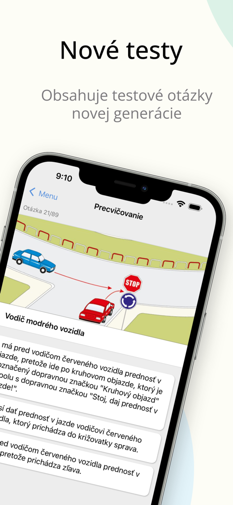 Mobile app screen showing a driving school practice test with a traffic scenario in Slovak