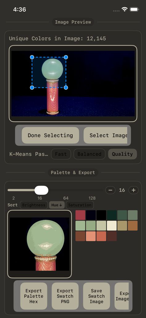 Interface der ColorCondenser-App, das eine aus einem Bild extrahierte Farbpalette mit Hex-Code und Exportoptionen zeigt