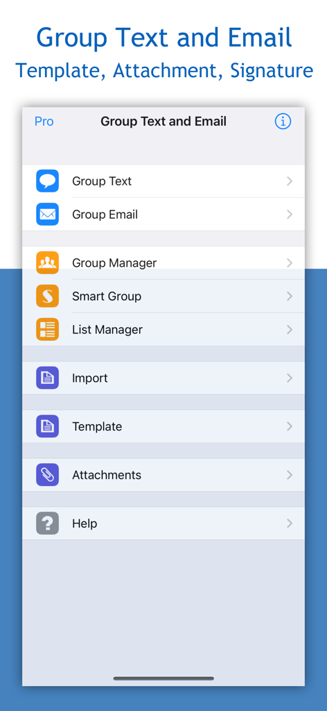 Group RCS SMS and Email - Hauptdashboard der Group RCS SMS und E-Mail-App mit Funktionen wie Gruppenmanager und Nachrichtenvorlagen