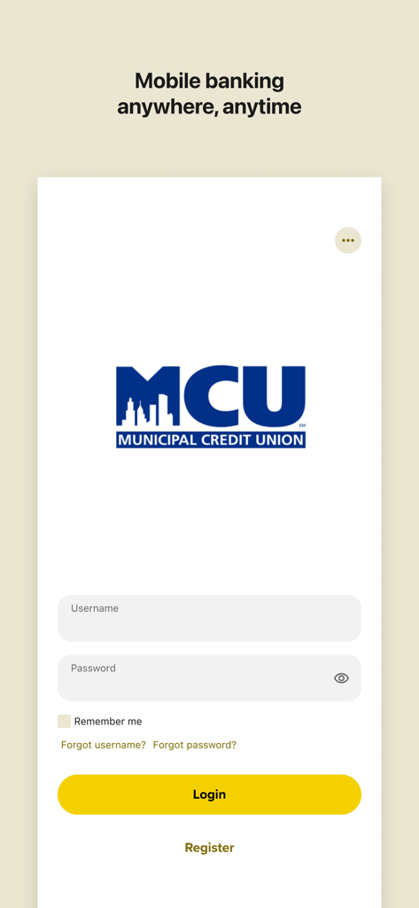 NYMCU Mobile Banking login screen showing the Municipal Credit Union logo and fields for username and password