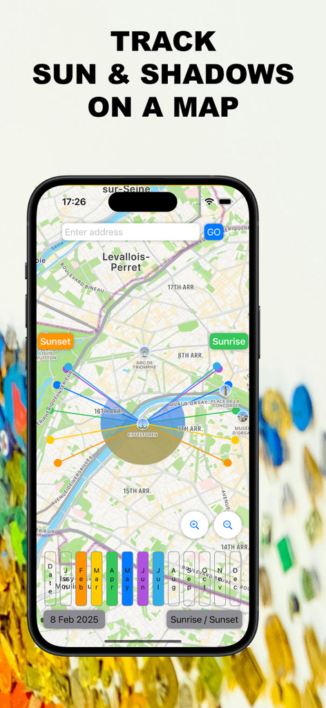 Interface de l'application mobile SunPath montrant le parcours du soleil et le suivi des ombres sur une carte de ville