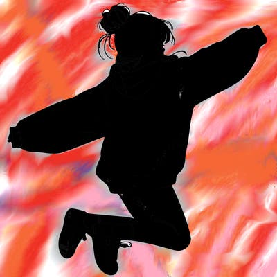 realistic girl jumping with a bun and oversized sweatshirt