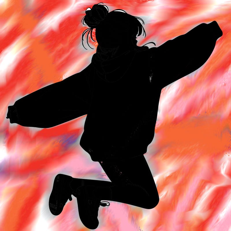 realistic girl jumping with a bun and oversized sweatshirt