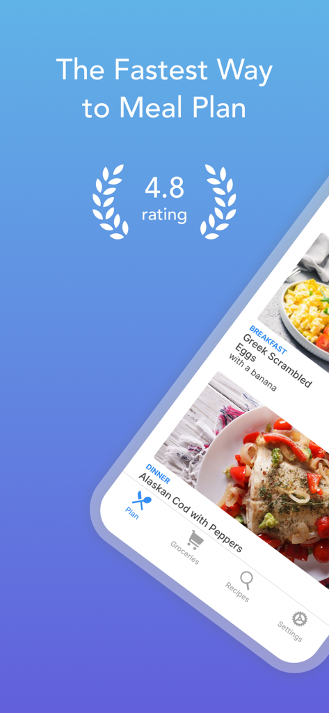 Intent - Meal Planner - Intent meal planner app interface featuring a 4.8 star rating and healthy meal suggestions like Alaskan Cod and Greek Scrambled Eggs.