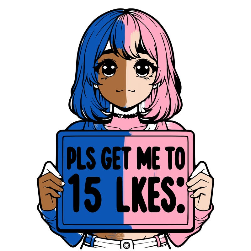 realistic girl holding up a sign that says “pls get me to 15 likes!”