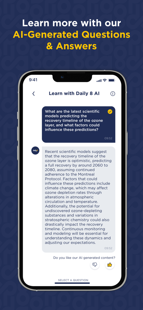 Daily8 app interface showing AI generated questions and answers about global news topics