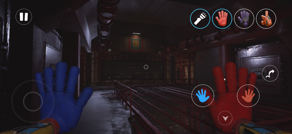 Poppy Playtime Chapter 4 - First person view of the blue and red GrabPack hands in a dark industrial factory setting