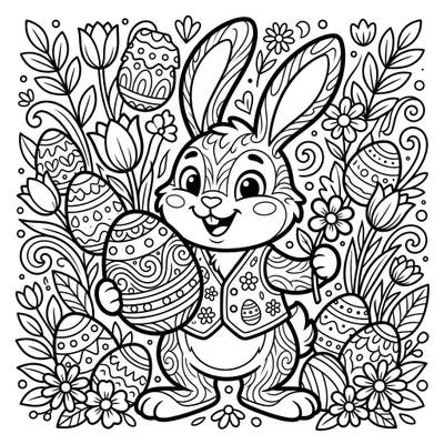 Get ready for a delightful Easter coloring adventure with our adorable cartoon Easter bunny. This intricate page features a friendly bunny surrounded by beautifully patterned eggs and vibrant spring flowers, perfect for all ages.