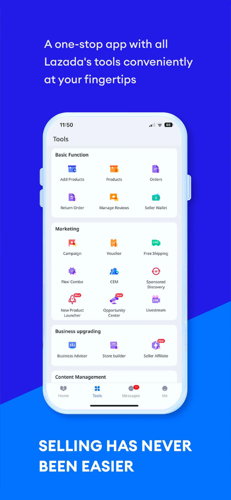 Lazada Seller Center app interface showing the tools dashboard for product management, marketing campaigns, and business analytics.