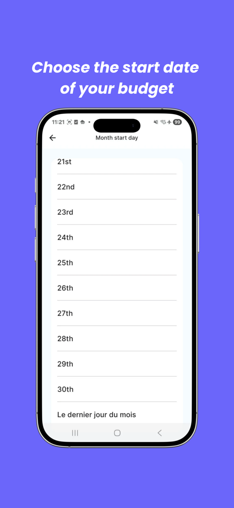 Selection screen for choosing the budget month start day in the Finzee app