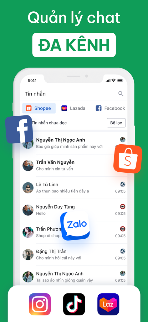 Salework - Salework app interface displaying centralized chat management for multiple e-commerce and social media platforms