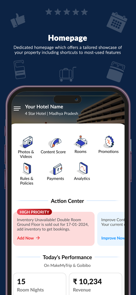 Connect by MakeMyTrip app homepage displaying hotel performance metrics and property management shortcuts