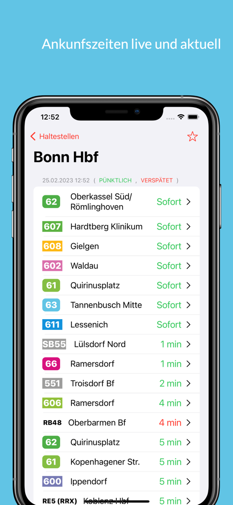 Tiempos de llegada de autobuses y trenes en vivo para la Estación Central de Bonn en la aplicación Bonner Bus y Bahn
