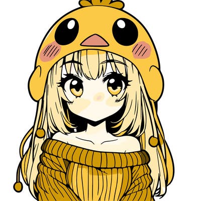 anime girl with chick shaped hat with sweater with bare shoulders with bangs covering them one eye with low tail