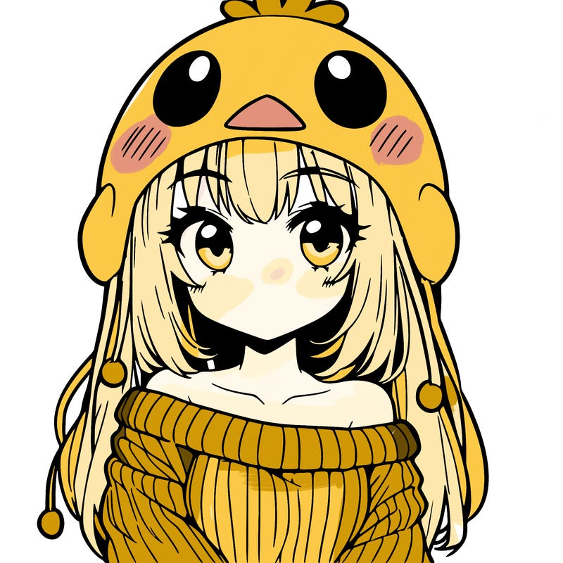 anime girl with chick shaped hat with sweater with bare shoulders with bangs covering them one eye with low tail