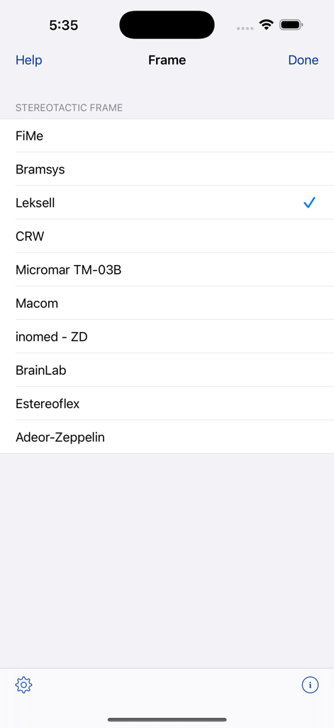 StereoCheck - StereoCheck app screen showing a list of supported stereotactic frames for selection