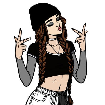 realistic teenage girl with braids and a beanie and crop top doing 🫶🏼