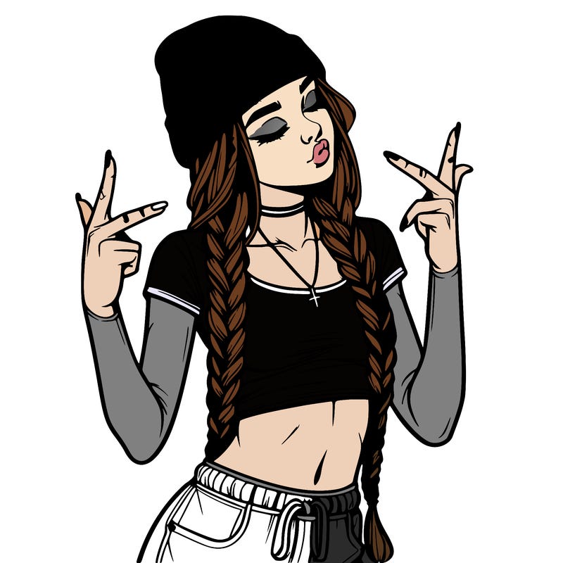 realistic teenage girl with braids and a beanie and crop top doing 🫶🏼