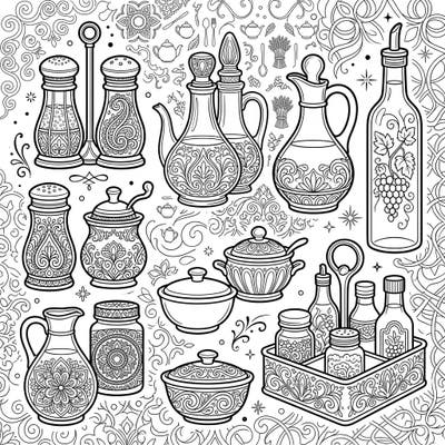 Discover a world of intricate designs with this stunning adult coloring page featuring elegant condiment holders. Each piece is adorned with delicate patterns, offering a unique and satisfying coloring challenge for enthusiasts.