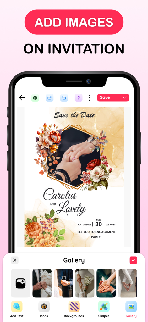 Invitation Maker: RSVP & Cards - A mobile app interface showing how to add personal photos from a gallery to an elegant floral engagement party invitation template.