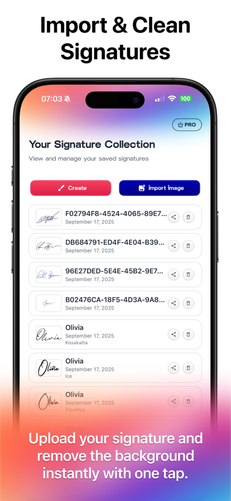 新しい署名を作成したり画像をインポートしたりするオプションを備えた、保存されたデジタル署名のリストを表示するiPhoneインターフェース