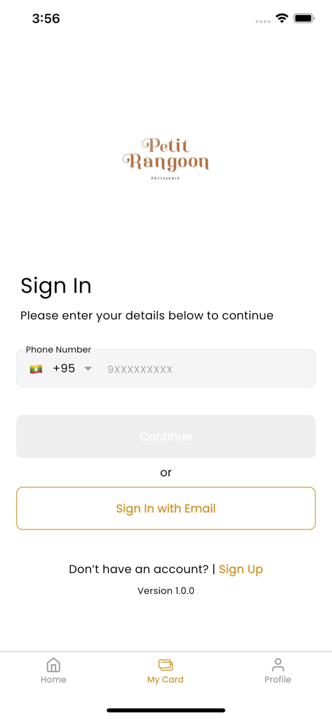 Petit Rangoon - Petit Rangoon loyalty app sign in screen with phone and email options