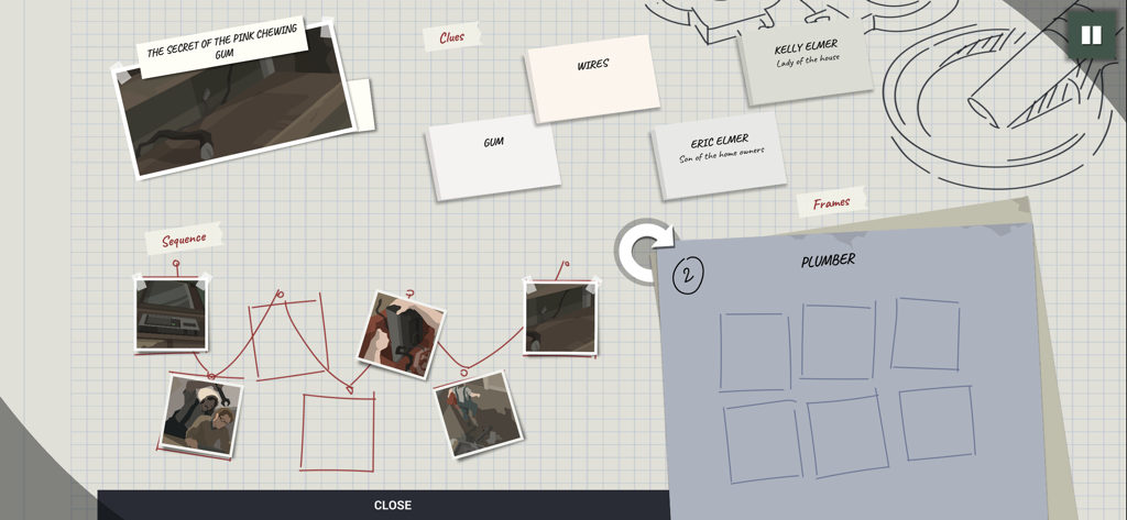 This Is the Police 2 - In-game screenshot of an investigation board showing crime scene photos and clues on grid paper.