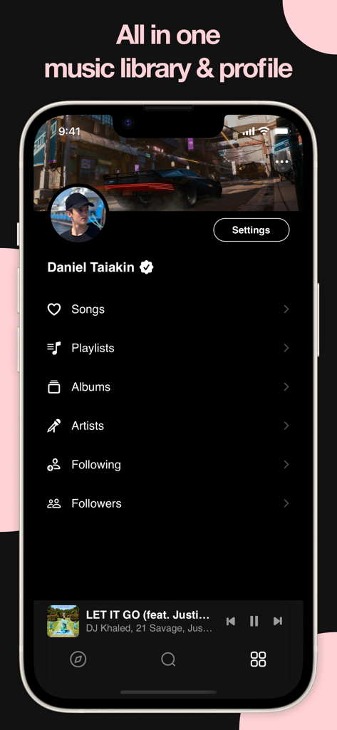 PewPee app user profile interface showing music library categories and social following options