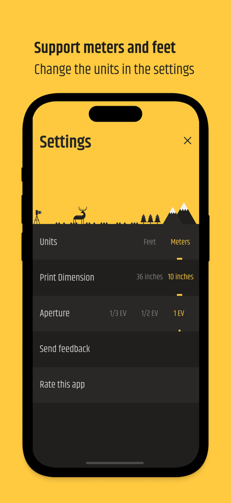 L'écran des paramètres de l'application DoF montrant les options pour les unités en mètres ou en pieds et les dimensions d'impression