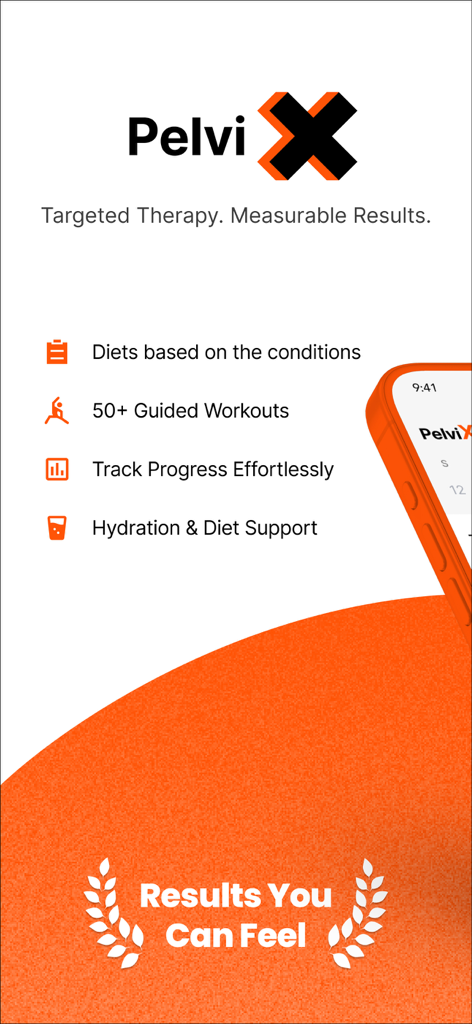 PelviX – Men’s Kegel & Health - PelviX App-Screenshot, der gezielte Therapie für die Beckengesundheit von Männern hervorhebt, einschließlich geführter Workouts, Fortschrittsverfolgung und Ernährungsunterstützung.