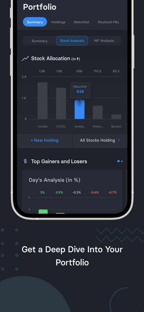 Trendlyne - Stocks & Finance - Una pantalla móvil que muestra la página de cartera de la aplicación Trendlyne con un gráfico de barras de asignación de acciones y análisis de los mayores ganadores y perdedores del día.