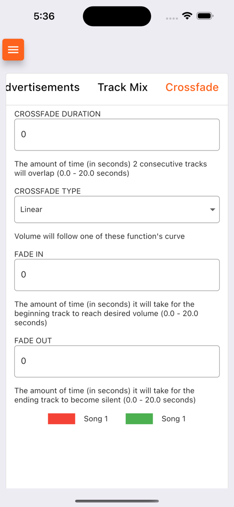 Interface de paramètres de fondu enchaîné et de transition audio dans l'application mobile Live365 Broadcaster