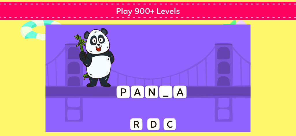 Lernspiel für Kinder mit einem Panda-Maskottchen und einem Worträtsel vor einer Brückenlandschaft.
