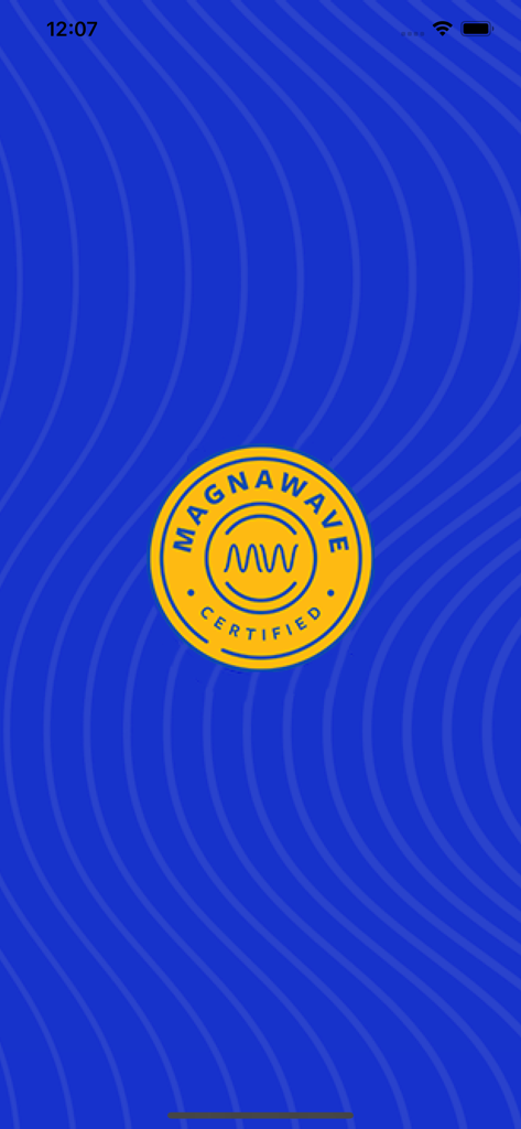 Magna Wave app splash screen featuring the yellow certified practitioner logo on a blue background