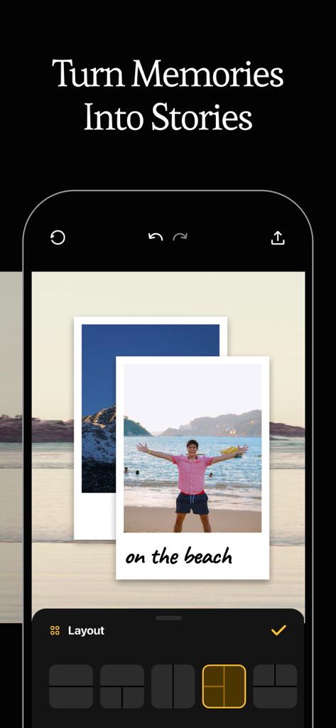 Blend: Combine Photo Layers - Mobile app interface for turning photo memories into aesthetic stories using layered layouts
