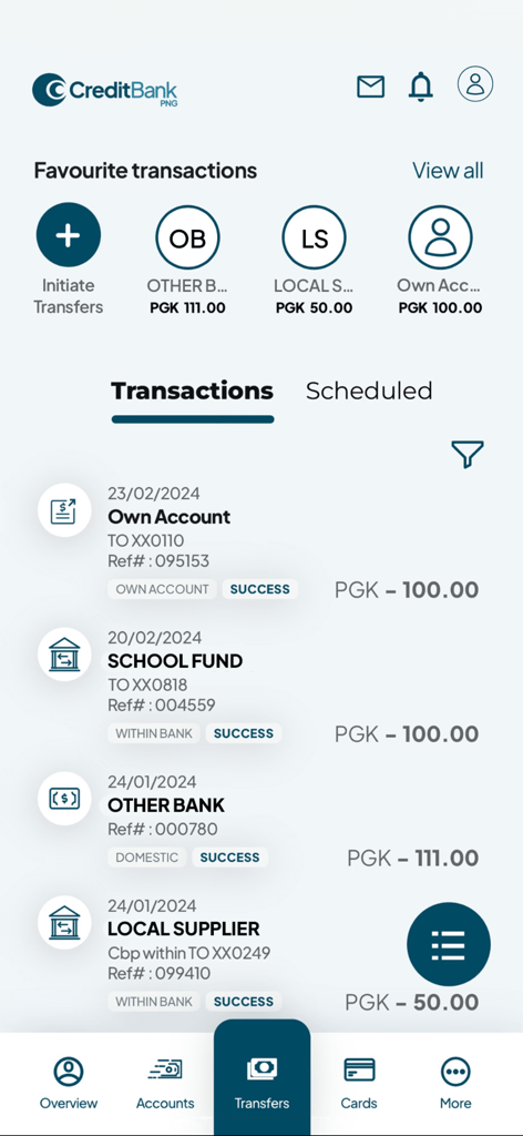 CBP - Écran de l'application bancaire mobile CBP montrant l'historique des transactions récentes et les options de transfert en devise PGK