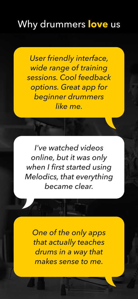 Melodics: Drum Lessons App - Testimonios positivos de usuarios para la aplicación de lecciones de batería Melodics elogiando su interfaz fácil de usar y sus sesiones de entrenamiento.