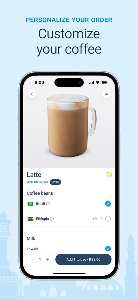 A mobile interface for the BEANZ app showing options to customize a latte with different coffee beans and milk choices