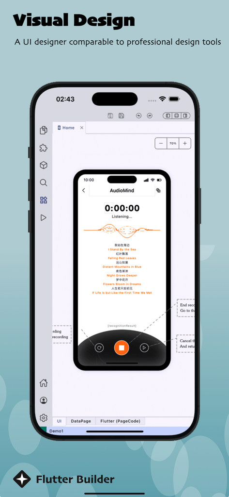 Flutter Builder - Interface of the Flutter Builder app showing a visual UI designer tool for professional mobile app development.