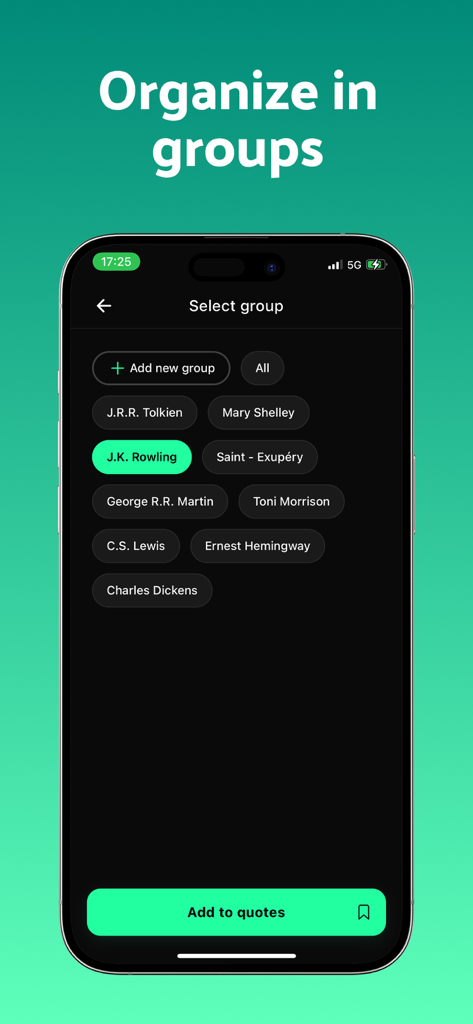 A mobile app interface titled Organize in groups showing a list of authors like J.K. Rowling and J.R.R. Tolkien for categorizing book quotes.