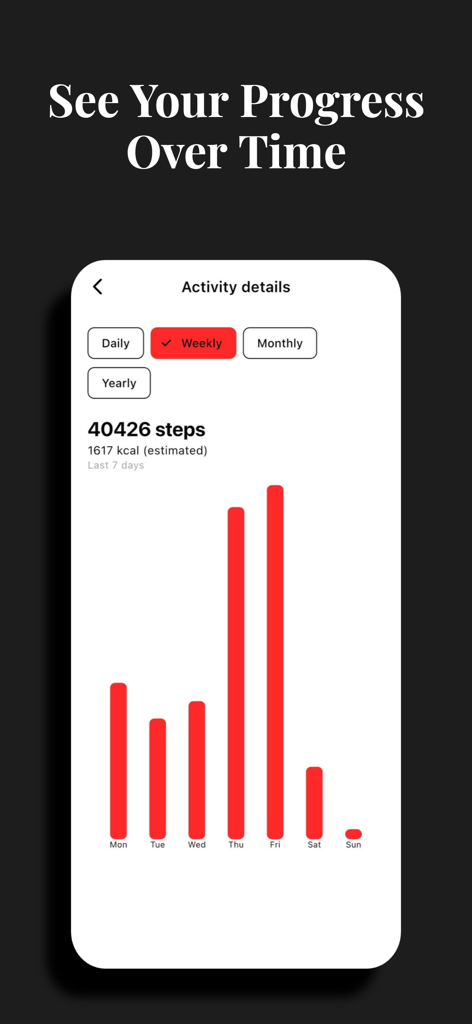 Madmuscles Fitness Gym Workout - Weekly step counter and activity progress chart in the Madmuscles Fitness app showing total steps and calories burned over seven days.