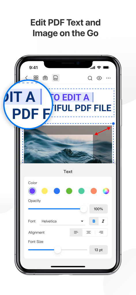 PDF Reader Pro – Lite Edition - iPhone screenshot showing text and image editing features in the PDF Reader Pro Lite app