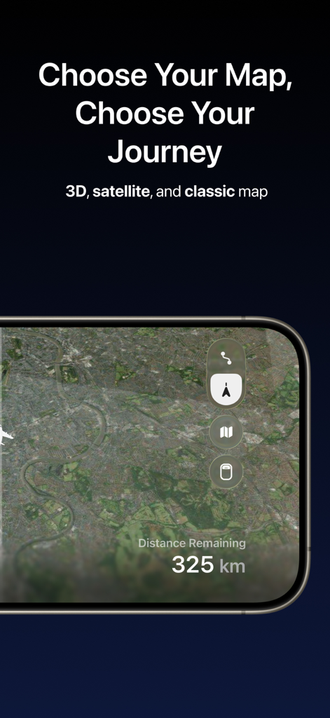 Satellite map view in the FocusFlight app showing focus journey progress