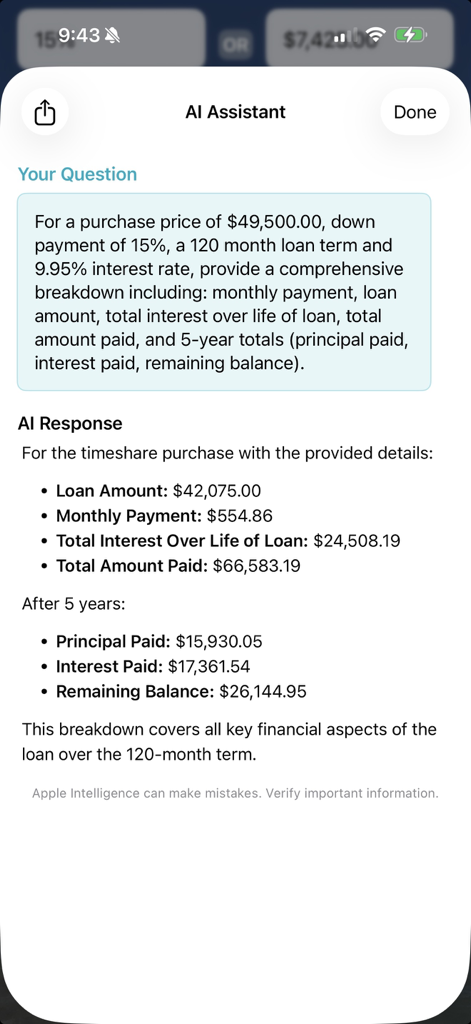 Timeshare Calculators with AI - AI Assistant providing a detailed loan and payment breakdown for a timeshare purchase