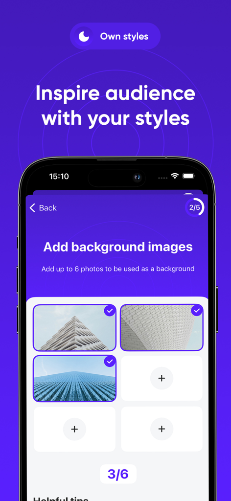 Mobile interface of the Slidey app showing the option to add background images for custom presentation styles