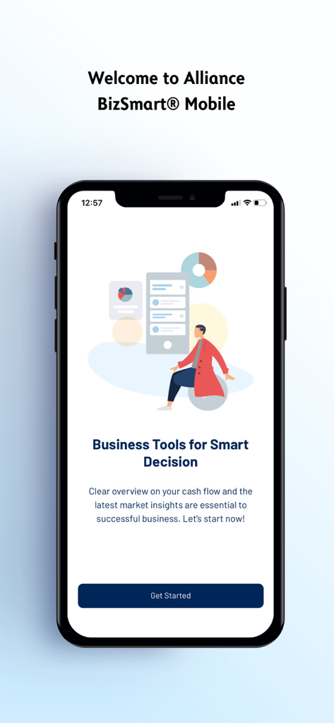 Alliance BizSmart® Mobile - Welcome screen of the Alliance BizSmart Mobile app with business tools for smart decisions.