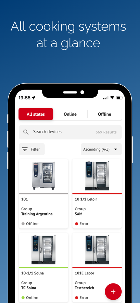 ConnectedCooking - ConnectedCooking app dashboard showing a status overview of professional kitchen equipment across multiple locations.