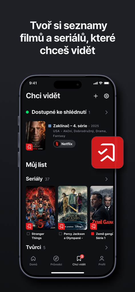 ČSFD - Oberfläche der ČSFD Film-App, die eine personalisierte Watchlist von TV-Sendungen und Filmen zeigt