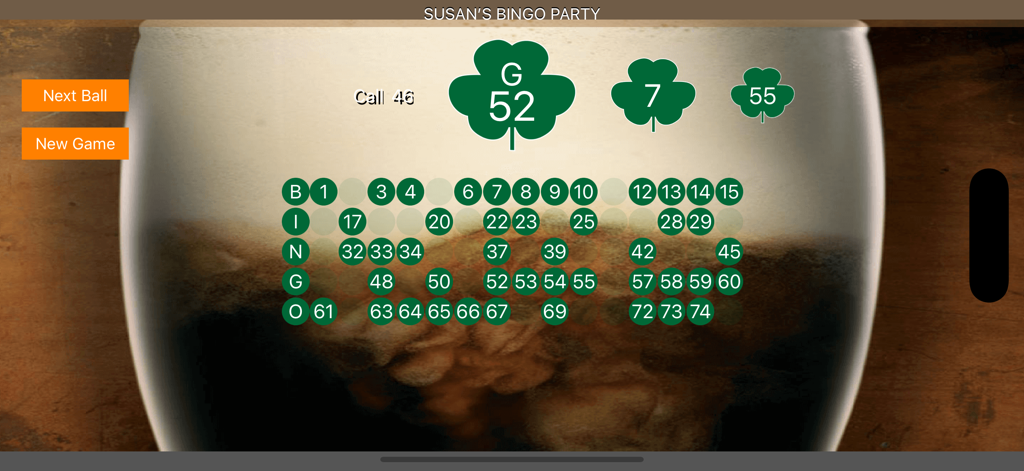 Bingo caller machine interface with a St Patricks Day shamrock theme and personalized event title